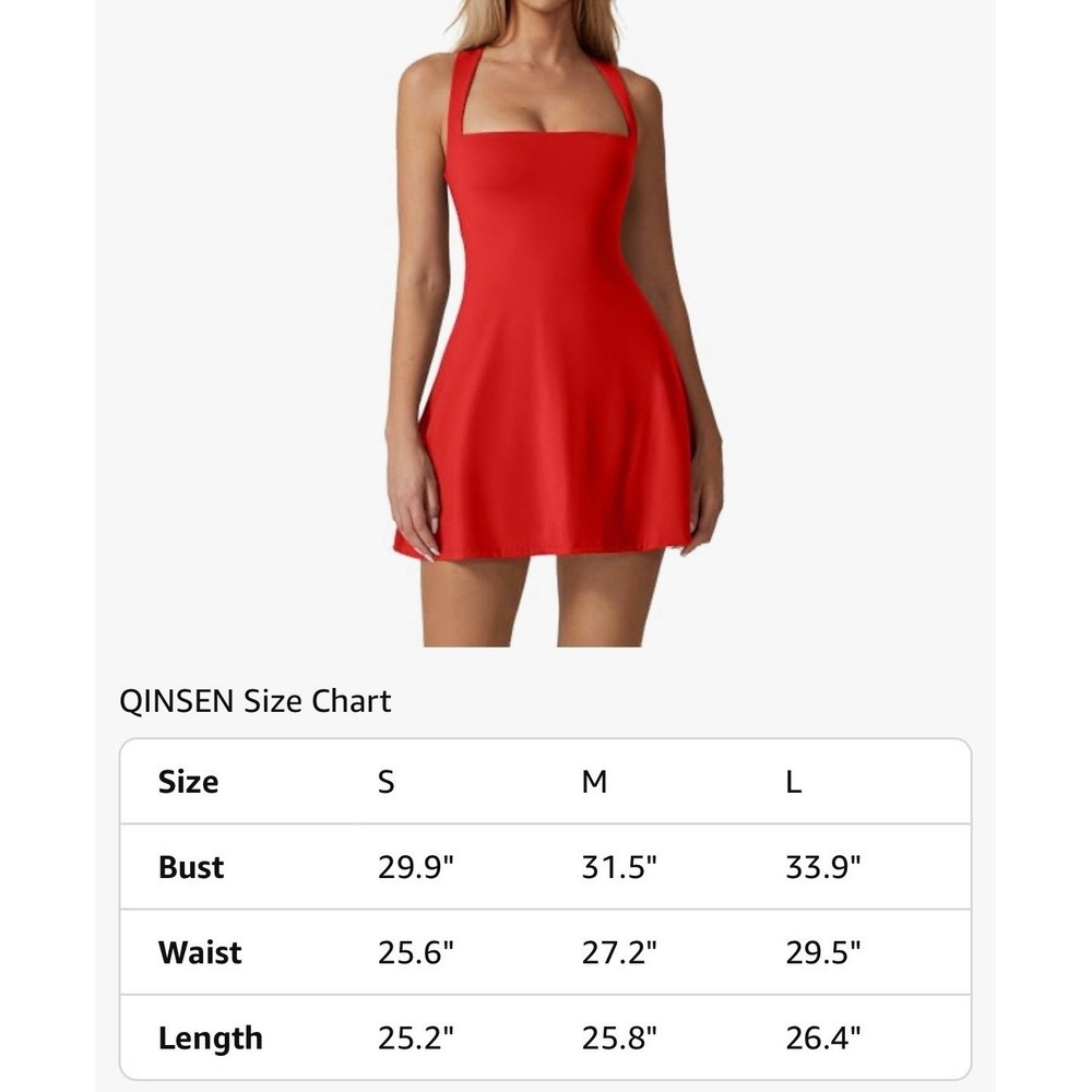 QINSEN Womens Red Tennis Dress Built in Shorts Pockets Square Neck Mini SZ Small - Picture 6 of 10